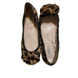 Prada Leopard Print Calf Hair Bow Ballet Flats Brown Black 39 1226 Made in Italy